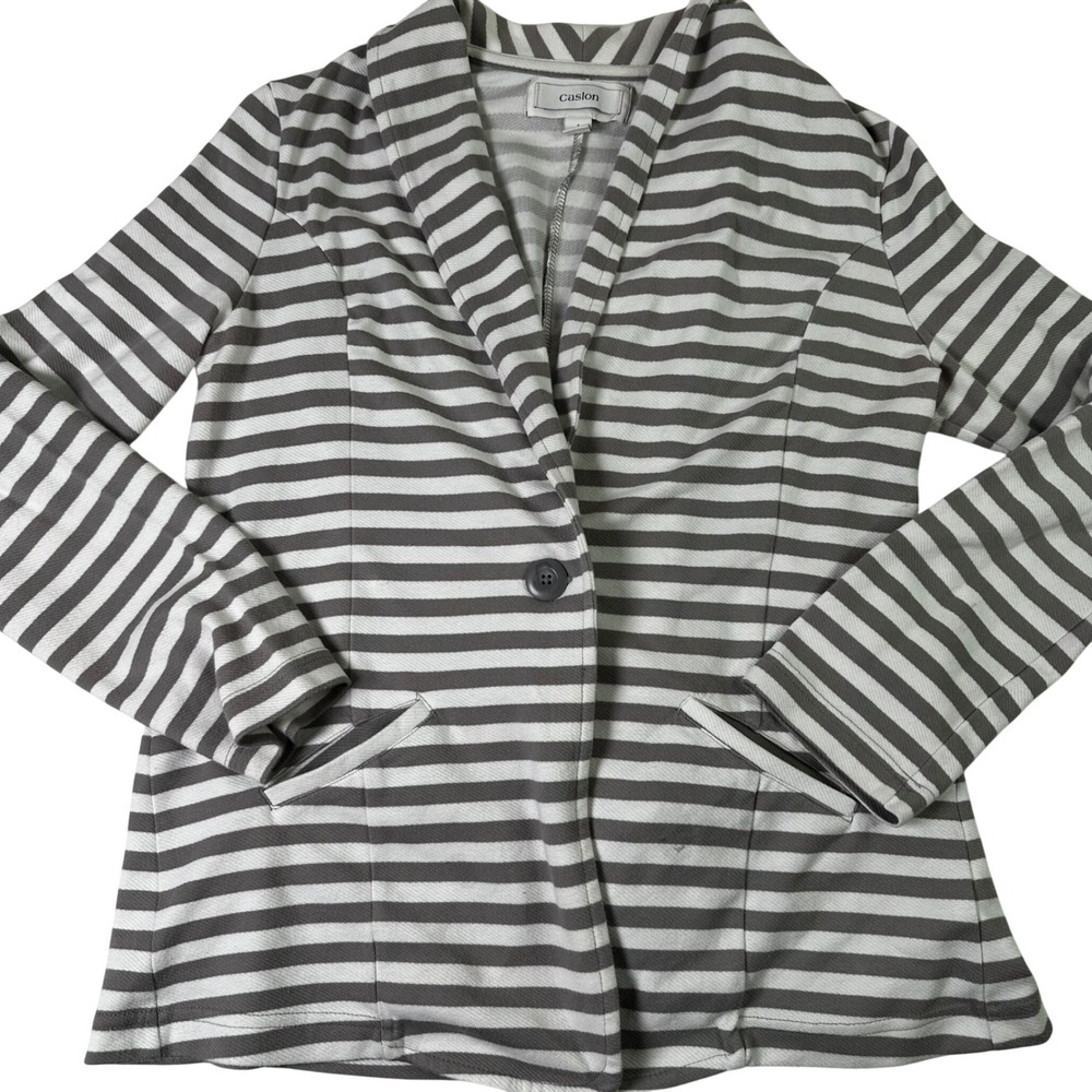 Caslon Striped Knit Blazer Jacket Gray White Button Front Collarless Size 1‎
